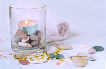 Soothing spa treatments. Light blue background. Toned photo
