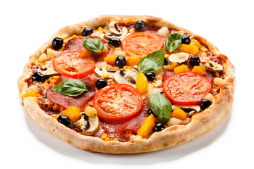 Pizza pepperoni with tomato and olives