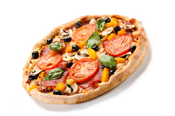 Pizza pepperoni with tomato and olives