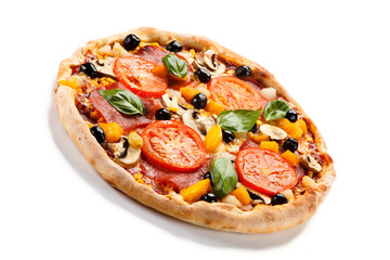 Pizza pepperoni with tomato and olives