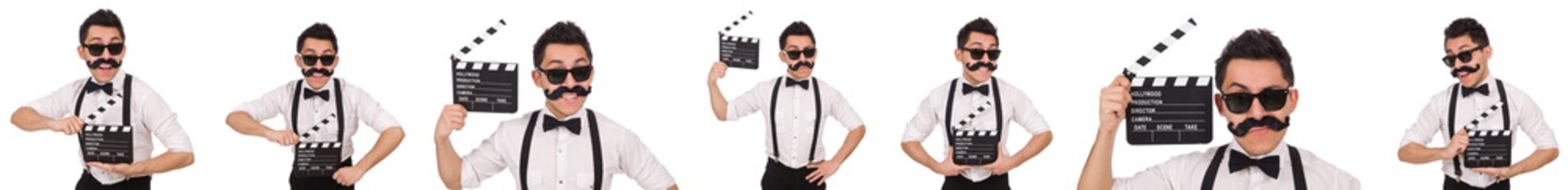 Whiskered man with clapperboard holding isolated on white