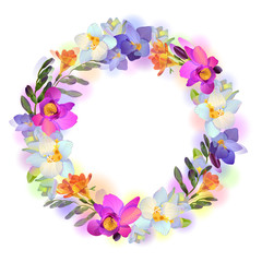 Vector greeting or invitation card with beautiful pictorial freesia flowers in the round garland on the white background with empty place for your text.