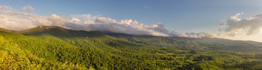 Panorama of the Shenandoah Valley at golden hour as seen from Shenandoah National Park with the forest a bright, vibrant green and clouds in the sky