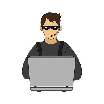 color image cartoon hacker sitting at the desktop vector illustration
