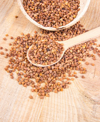 Dry buckwheat groats. Healthy food and diet concept.