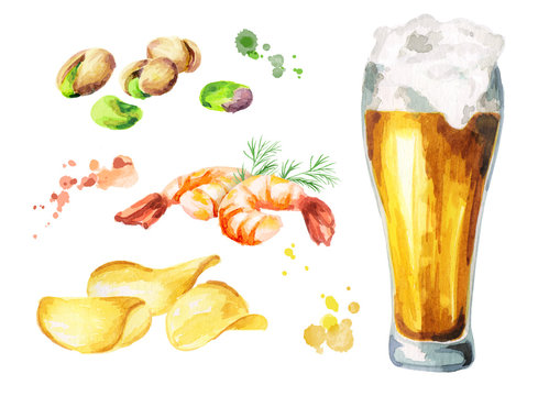 Beer and snacks set. Watercolor