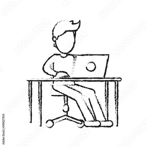 Blurred Silhouette Image Faceless Man Sitting In Desk With Laptop