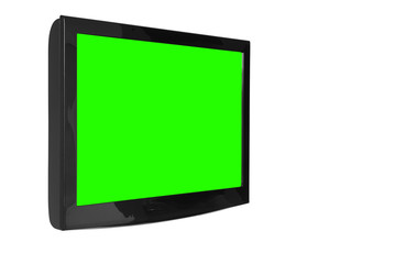 oblique lcd or led and plasma television or tv with black and blank green screen display hanging on the wall in the room at home or hotel for entertainment isolated included clipping path