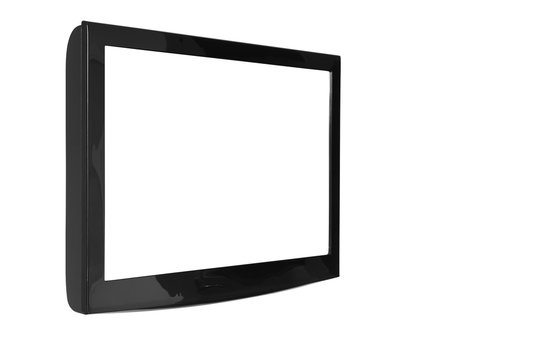 oblique lcd or led and plasma television or tv with black and blank white screen display hanging on the wall in the room at home or hotel for entertainment isolated included clipping path