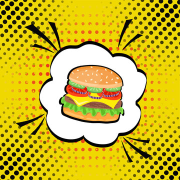 Vector hand drawn pop art illustration of hamburger. Fast food. Retro style. Hand drawn sign. Illustration for print, web.