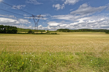 Heavy voltage electric tower in the field