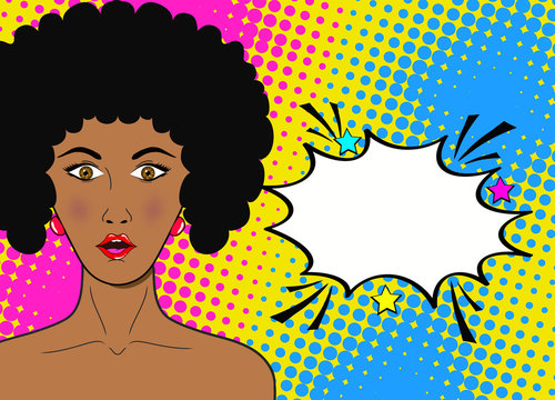 Wow pop art face. Sexy surprised african woman with open mouth and speech bubble. Vector colorful background in pop art retro comic style