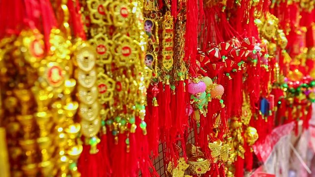 NHA TRANG, KHANH HOA/VIETNAM - JANUARY 26 2017: Close View Red Golden Decorations for TET on Market in Vietnam on January 26 in Nha Trang