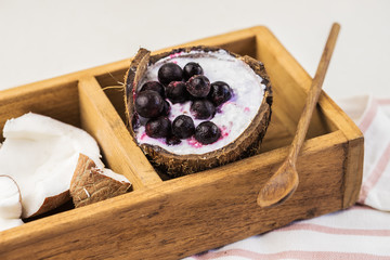 Coconut yogurt with berries, in a coco, a useful breakfast, healthy nutrition, vegetarian food, crude food, a dessert, food in a coco, In wooden ware on a white background
