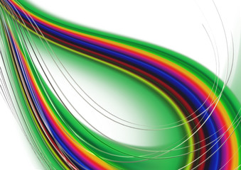 Abstract rainbow curved convex intersecting waves on green basis covered with thin stripes

