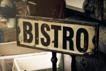 Signboard of Restaurant or Bistro. Retro Vintage Toning. Horizontal. Food Urban Restaurant Concept. - obrazy, fototapety, plakaty