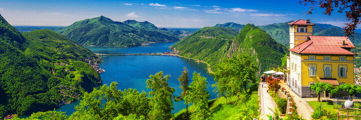 Panorama Restaurant with stunning view to Lugano city and Lugano lake, Ticino, Switzerland