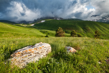 Fototapeta na wymiar Mountain hills and alpine meadows of Lagonaki, Caucasus, Russia