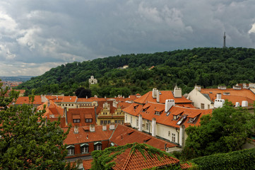 Top view of red roof buildings and small mountain