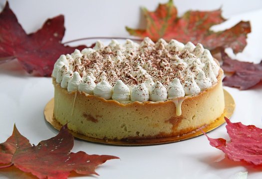 Beautiful homemade cake with custard inside and decorated with cream and cacao. Photo designed in Autumn style.