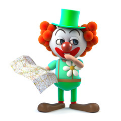 3d Funny cartoon crazy clown character is lost looking at the map - 149664137