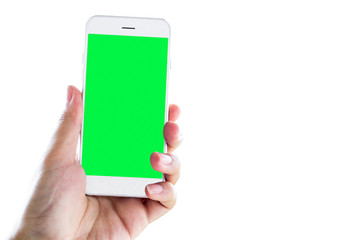 Business man holding a big screen smart phone which edited screen in green screen close up isolated.