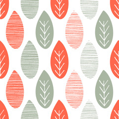 Seamless nature vector pattern. Orange and green leaves with lines and twigs on white background. Hand drawn abstract autumn ornament