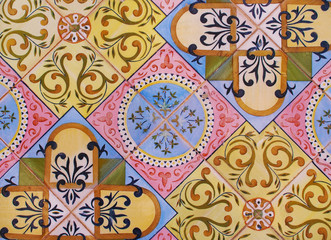 Detail of the traditional tiles from facade of old house. Decorative tiles.Spain traditional tiles. Floral ornament. Majolica, Watercolor. Valencia.