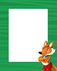 Fototapeta premium cartoon green frame with happy fox for different usage space for text