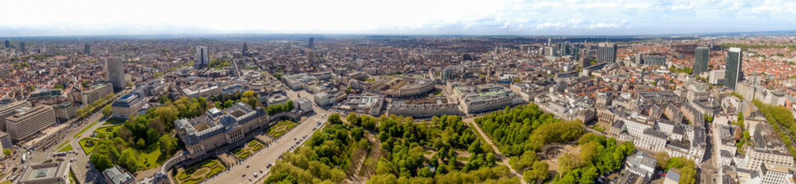 Aerial Panoramic City View of the Royal Palace of Brussels ( Palais de Bruxelles ) and the Cityscape in Belgium feat. Museums and Famous Landmarks Around Central Brussels Park and Town Hall
