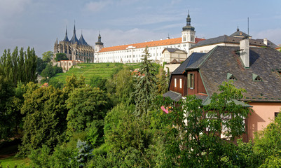 Church and hotel building are viewed from other part of the town