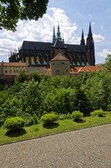 Fototapeta na wymiar View of the church from the stone street