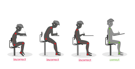 correct and incorrect posture when writing. vector illustration
