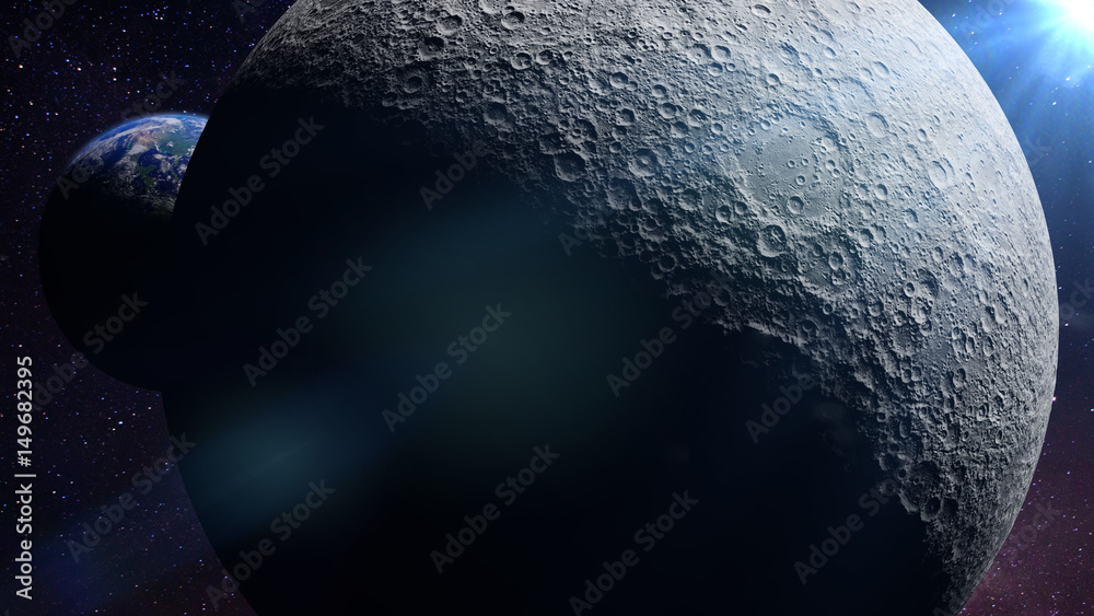 Wall mural planet earth behind the far side of the moon lit be the sun