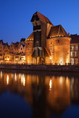 Crane in Old Town of Gdansk at Night in Poland
