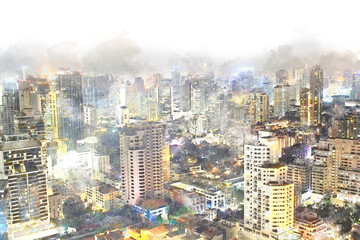 Naklejka premium abstract building at night watercolor paint, Building at night watercolor