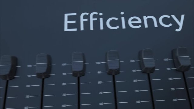 Multiple sliding faders on a panel with efficiency inscription. Conceptual 4K clip