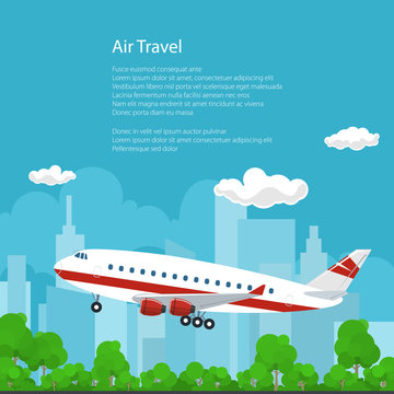 Airplane on the Background of the City Flies to the West and the Text, Air Travel and Transportation Concept , Brochure Flyer Poster Design, Vector Illustration