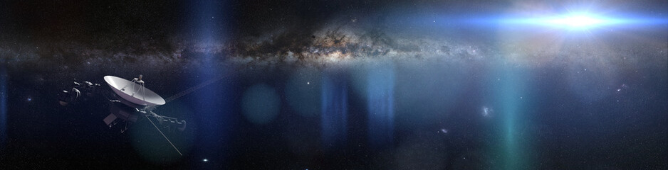 Voyager spacecraft in front of the Milky Way galaxy and a bright blue star in deep space - obrazy, fototapety, plakaty