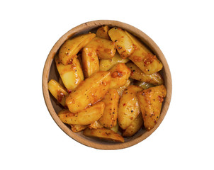 Baked potatoes with spices in a wooden bowl on a white isolated background
