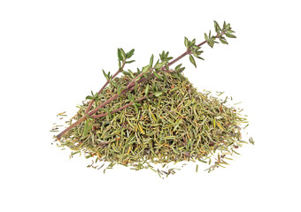 Dried thyme and thyme sprig isolated on white background
