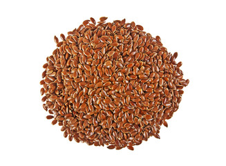 Dried flaxseeds on a white background, close up. Top view.