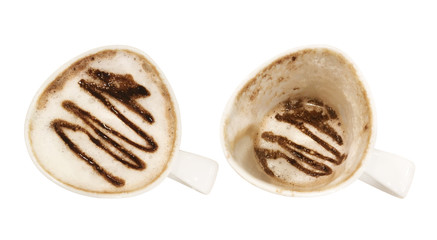 Top view two cups of hot chocolate isolated on white background.