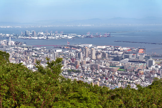 Aerial view of Kobe city and Port Island of Kobe from Mount Rokko, skyline and cityscape of Kobe, Hyogo Prefecture, Japan