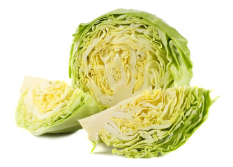 Cut green cabbage isolated on white background