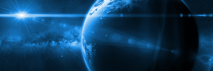 planet Earth in front of the bright Milky Way galaxy and the Sun
