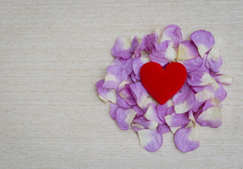 Red heart on pink rose with space on canvas texture background, valentine concept