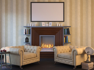 3d illustration of an interior mockup. Interior design in classical style with two armchairs and ethanol bio-fireplace. Poster on the wall