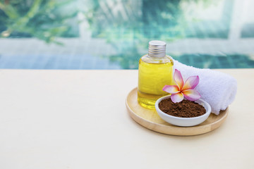 Obraz premium Spa concept background, Spa set over blurred swimming pool background