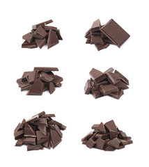 Pile of chocolate bar pieces isolated